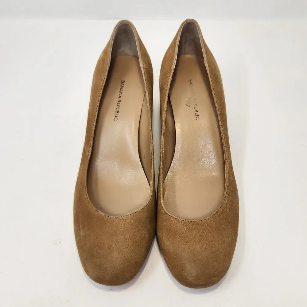 Banana Republic Womens Tan Suede Block Heels Pumps Size 7.5 M Round Toe Career